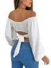 Women's T Shirts Women S Off Shoulder Long Sleeve Crop Tops Solid Tie Knot Back Ruched T-Shirts Tube