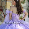 Лаванда пурпурное принцесса шариковые платья Quinceanera платья ленты цветы кружев