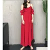 Basic casual jurken A Line y Summer Beach Red Chiffon Dress Cold Ruffles Split Maxi White Women Party Off Shoder Elegant Long Drop de Dhqja