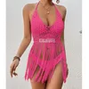 Sommerkleid für Frauen 2024 Strandausgang Trend sexy Häkelgeflecht mit gehöcherten Fransenbikini Kurztop solide Acryl