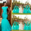 African Bateau Neck Tule Mermaid Lange bruidsmeisjesjurken Lace Top Verdieping Lengte formele jurken bruiloft Gast of Honor Dress BM0180 255C