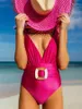 Costumi da bagno femminile rosa rosa colore solido profondo v appassionato di moda sexy da bagno un pezzo e stile obliquo asimmetrico copri l'estate