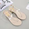 Dress Shoes Two Style Fairy Clip Toe Pearl Band Gladiator Sandalen Dames Med Dikke metalen hakken Flipflops kralen Rome Sandalias2024