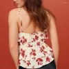 Kvinntankar 2024 Summer Ruched V Neck Floral Print Camis Women Low Back Short Tank Tops Retro Cool Girl Sexig Slim Crop Top Tees