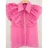 Blouses de femmes Femmes Sweet Pink Diamonds Ruffles Shirts Summer Female Flying Sleeves Y2K Tops Slim Fairycore Blouse Blusas Mujer White