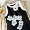Sıradan Elbiseler Yaz 2024 Fransız Zarif Moda 3D Çiçek Boncuklu Yuvarlak Boyun Kiliz Kurdele Yüksek Bel A- Hat Siyah Kısa Elbise İçin