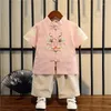 Ensembles de vêtements 2024 Chinois Cotton Linen Tang Suit pour garçons filles Dragon Printing à manches courtes Set Baby Year Cloth