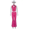 Film Barbi Cosplay Rose Red Bell Bottoms Barbe Cosplay Cost Assy Set avec un chapeau et une écharpe Halloween Costumes Kids Adult 240510