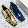 Casual Shoes Blue Gold Men Wedding Fashion Bright Leather Derby Pointed Toe Flats Party Dance Trend