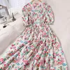 Partykleider Sommer koreanische Frauen florale Druckpuffhülle elastische Taille Lose langes Kleid elegante weibliche Vintage Baumwoll Vestidos