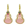 Boucles d'oreilles cerceaux minar design unique couleur rose opale pierre naturelle cz cubic zircon bouteille gourde pour les femmes de vrais bijoux en laiton en laiton