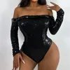 Women's Swimwear 2024 One Piece Swimming Suit Sequin Performance Dress Sexy Party Nightclub Off The Shoulder Dre