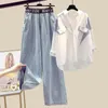 Calça feminina elegante de verão Definir calças de calça de jeans casuais colete de três peças Blush Blouse feminino Blush Suits 240510