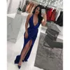 Simple Royal Blue Sequin Prom Long Party Sweet 16 Gowns Plunging Neckline Front Split Formal Evening Dresses Halter 0510