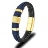 Bracelets de charme Mkendn Punk Men Traité Bracelet en cuir bleu authentique noir Bracelet de boucle magnétique en acier inoxydable Homme Pulseras Y240510