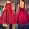 Tea Length Red Prom Sexy Open Short Gowns Square Neck Evening Party With Back Bow Satin Graduation Dresses Cheap 0510