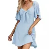 Mujeres Vestidos informales de línea A de manga corta Summer Summer Sexy Deep V Neck Elegant Bow Tie Mini Vestido