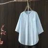 Blouses des femmes Shirts de luxe élégants à demi-manches blanches bleu massif coton femme tops dames vintage japonais vêtements