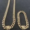 Men de 12 mm Men Cuban Miami Link Bracelet Chain Set 14k Gold plaqué en acier inoxydable 253d