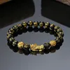 STRAND Chinese stijl Pixiu Zeskarakter Mantra Obsidian Stone kralen Bracelet voor mannen Vrouwenpolstand rijkdom en veel geluk