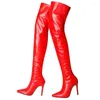 Bot Seksi Kırmızı Siyah Gradyan Patent Deri Uyluk Kadın Yüksek Stiletto Topuk Nimli Toe Uzun Şövalye Diz