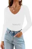 女性用TシャツTシャツ長袖丸いネックTシャツ2023秋のリブベッドニットセータースリムフィットソリッドカラーベーシックカジュアルTシャツトッププラスサイズトップ