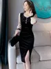 カジュアルドレス秋の冬のブラックゴールドベルベット太い暖かいミディローブ2024女性エレガントファッション韓国シックプロムラグジュアリーパーティーナイトドレス