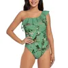 Swimwear de mujeres Monkey Mundo verde Sexy One Shoulde Piece de traje de baño Patchwork Monokini Planta de flores Naturaleza