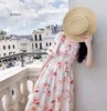 Feestjurken vrouwen zomer vintage elegante pastorale stijl bloemen midi jurk lolita zoete hoge taille zijden roze lang