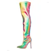 Stiefel Glitzer Laserfarbe Intrige farbenfrohe Oberschenkel Zehen Dünne Absätze tanzen über das Knie lange