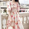 Feestjurken vrouwen zomer vintage elegante pastorale stijl bloemen midi jurk lolita zoete hoge taille zijden roze lang