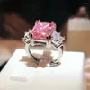 Cluster -Ringe Überlagen Stein Eingelegtes rosa Diamantring Frauen 925 Silber Exquisit Cut Square Zirkon Party Hochzeit Schmuck Geschenk