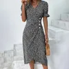 2024 Summer Floral Bodycon Midi Dress for Women V Neck Long Sleeve Ruched Slim Fit Dresses Female Vestido Robe 240509