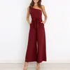 Women's Two Piece Pants Solid Color One Shoulder Strap Tie Jumpsuit Wide Leg Casual Fashion Elegant Sexy High Waist Slim Suit