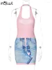 Lässige Kleider Habbris Sexy Pink Jean Print Halter Mini Kleiderparty Club Outfits für Frauen 2024 Fall Back Less Short Booty Fashion