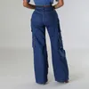 Multi Pockets Wide Leg Woman Blue Cargo Jeans Womens Vintage High Waist Baggy Denim Pants Casual Loose Trousers Streetwears 240510