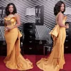 African Style Mermaid Gold Celebrity Dresses Pärlade paljetter Sexig OCN Evening Party -klänningar med Overskirt Satin 0510