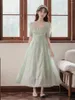 Casual jurken Franse stijl geborduurd voor vrouwen retro floral square nek elegante chiffon vestido groene zomerse sprookjesjurk