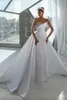Сексуальные бусины русалка свадебные платья прозрачные с длинным рукавом хрустал -жемчужины арабские свадебные платья Дубай с съемной юбкой