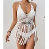 Sommerkleid für Frauen 2024 Strandausgang Trend sexy Häkelgeflecht mit gehöcherten Fransenbikini Kurztop solide Acryl