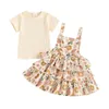 Kledingsets Little Girls 2 -delige zomer outfits Ronde nek korte mouw geribbelde tops bloem gelaagde suring rok peuter set