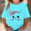 T-shirts Summer Childrens T-shirt fleur chat shirt graphique fille fleur chat top blanc à manches courtes sauvages à manches sauvages mignons animaux dessin animé chat t-shirtl2405