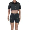 Vêtements ethniques Shorts 2 pièces Sets Femmes Shirt Crop Tops and Poches Suit Summer Fashion Solid Casual Casual Safari Style Tracksuit