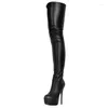 Boots Zapatos Mujer Black Platform sur les chaussures de genou cuistes hauts à talons en cuir plume de moto Batas plus taille 46
