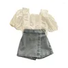 Kleidungsstücke Mode Girls White Lace Top Denim Shorts 2pcs