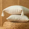 枕2pcs 45x45cmクリーム白い枕が素朴な黄麻布のリネン装飾的な農家枕カバーのための家の装飾