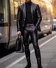 Erkek Blazer Pantolon 2pcs Set ince fit siyah yaka deri ceket erkek iş iş gündelik balo takım elbise moto tarzı 240508