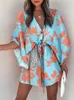 Summer Casual Dres Fashion Fashion Flying Sleeve Vneck Stampa da spiaggia Abiti da festa Eleganti pizzo su mini abito abito femme 2023 240506