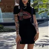 Summer womens Bohemian lip print casual slim fit short sleeved round neck Tshirt mini dress Nightclub Party Black sexy 240426