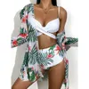 Kvinnors badkläder 2024 Ny bikini som samlar in sexiga nät tre delar uppdelade tryckta badkläder för kvinnor